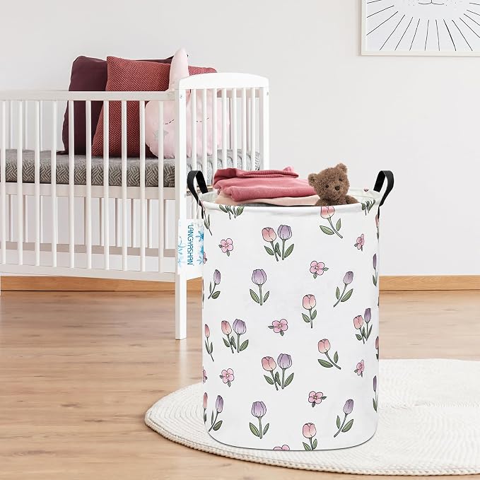Round Laundry Basket Collapsible Storage Hamper Organizer Romantic Tulip | Waterproof Canvas Foldable Baskets with sturdy Handles Multi-scene Organizer for Home Play Bedroom Gift Bin