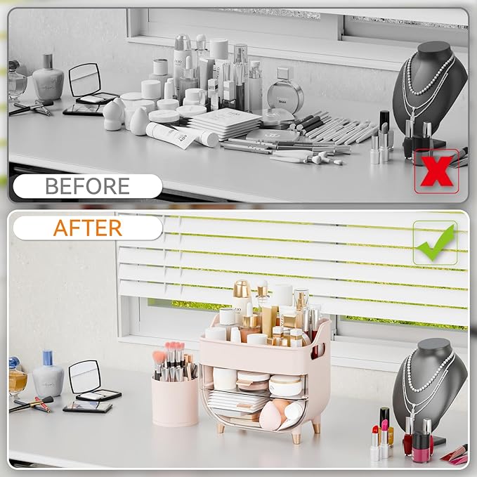 Yieach Countertop Makeup Organizers with Drawers,Handle and Make up Brush Holder,Large Makeup Skincare Organizer for Bathroom Vanity,Cosmetic Display Cases for Hair Tool,Lotion,Skin Care Storage,Pink
