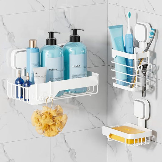 TAILI Shower Caddy Suction Cup Stainless Steel Rustproof Shower Shelves, No Drilling Wall Mounted Basket, Upgraded Removable Suction Cup Bathroom,White 3pack