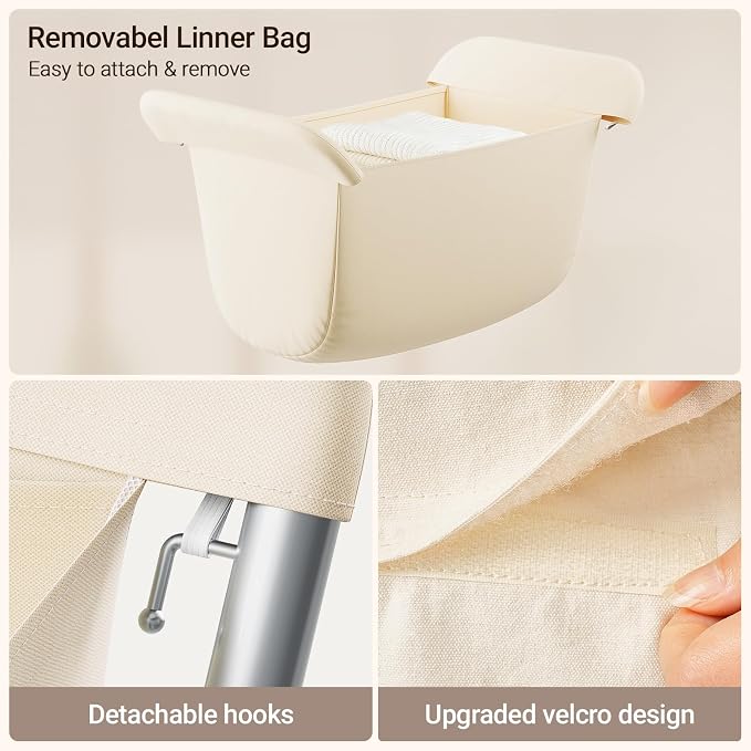 ELYKEN Laundry Basket with Wheels, Collapsible Laundry Hamper, Cream | Removable Liner Bag, Foldable Design, Sturdy Metal Frame, 4 Casters, 32”H Laundry Cart for Bedroom, Bathroom & Laundry Room
