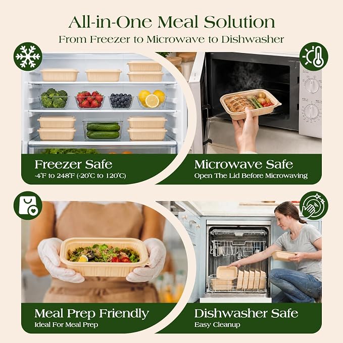 100 Piece (50 Pack) Meal Prep Containers with Lids, 16 oz Cornstarch Small Food Storage Containers Plant-based Lunch Box for Salad, BPA Free Plastic Disposable Take Out Boxes Microwave & Freezer Safe