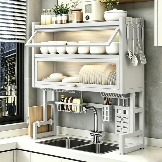 Over The Sink Dish Drying Rack, Piano Lacquer, Thickened Steel Pipe, Over Sink Dish Drying Rack, Over Sink Rack, for Dishes, Glasses, Bowls, Cutlery White 37.4in (Large)