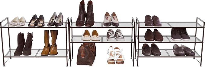 Simple Houseware 3-Tier Stackable Mesh Shoe Rack, Bronze | 9 Pairs of Shoes Storage Organizer for Closet, Entryway, Garage & Corridor