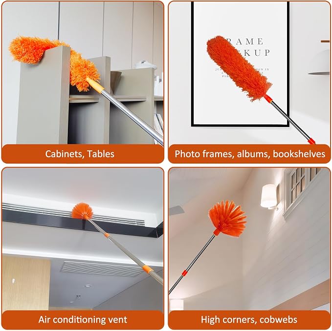 20 Feet High Reach Duster Kit with 2-14 ft Extension Pole, Cobweb & Corner Brush Cleaning Duster Kit for Cleaning, Microfiber Feather Duster Cleaner with Washable Head for Ceiling Fan, Furniture, Home