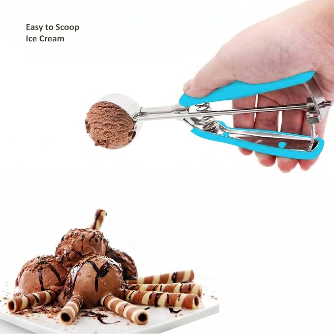 Cookie Scoop Set, 3Pcs Ice Cream Scoop, Cookie Scoops for Baking Set of 3, 18/8 Stainless Steel Cookie Scooper for Baking, Ice Cream Scooper with Trigger Release, Blue Soft Grip Cookie Dough Scoop