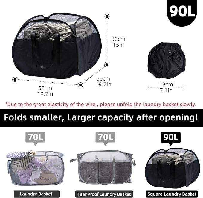 Collapsible Laundry Basket, 90L Tear Proof Mesh Pop-up Hamper 2PCS | Foldable Storage Clothes Bag with Reinforced Handles for Bathroom, Kids Room, Dorm, Travel, Camping, Space-saving, Black