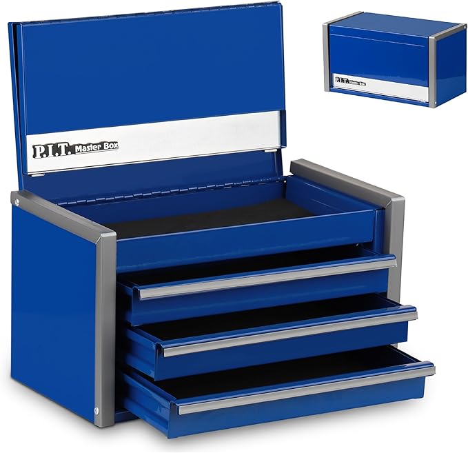 P.I.T. Mini Blue Tool Box, Portable 3 Drawer Steel Stackable Tool Box with Magnetic Tab Locking, Blue Micro Top Chest with Liner for Tools Storage and Organizers, Home DIY