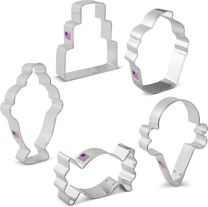 Ann Clark Candy and Sweets Cookie Cutters 5-Pc. Set Made in the USA, Ice Cream Cone, Cupcake, Candy, Cupcake, Cake, Ice Cream Sundae