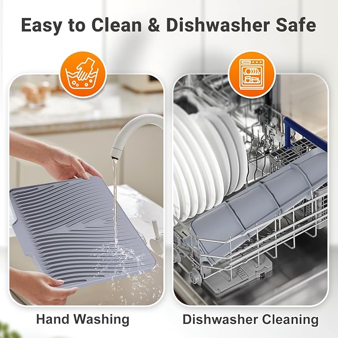 Silicone Dish Drying Mat for Kitchen counter, 15.8"x13" 2Pcs Extra Large Non-Slip Drain Pad with Built-in Drainage, Heat Resistant Dishwasher Safe, Grey