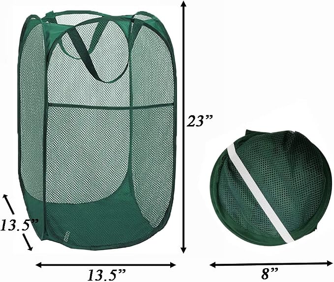 Pop Up Laundry Hamper, Reinforced Mesh Laundry Basket, Folding Clothes Storage Bin for Home, Dorm, Apartments, Travel (Green, Vertical)