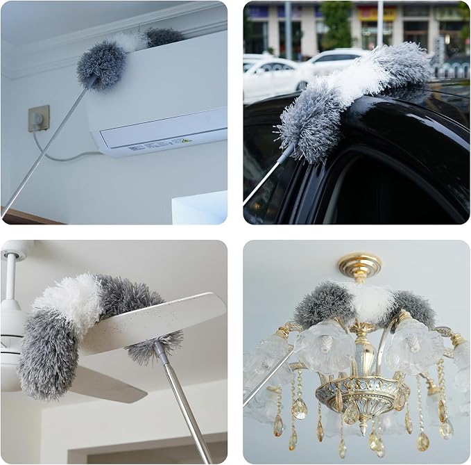 Microfiber Feather Duster, 110 Inch Extendable Telescoping Pole Duster with Bendable Washable Head, Long Handle Cleaning Duster for Ceiling Fan, High Ceiling, Blinds, Furniture and Cars(Gray)