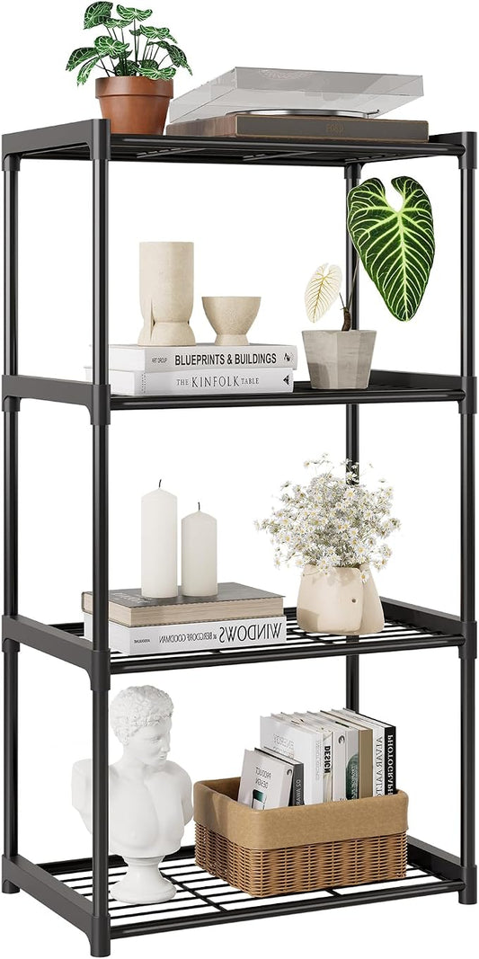 4-Tier Small Lightweight Storage Shelves with Plastic Connectors – Metal Shelf Organizer for Pantry, Closet & Bathroom, Space-Saving Sturdy Shelving Unit Rack, Black, 17.3" x 12.8" x 42.9"