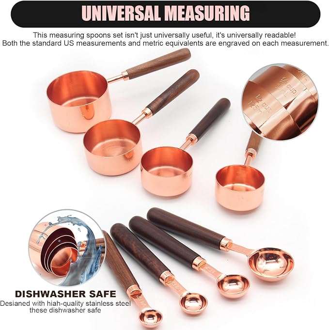SHIKORI Gold Measuring Cups and Spoons Set with Wood Handles, Premium Stainless Steel Measuring Spoons and Measuring Cups Set, For Cooking and Baking in the Kitchen-Rose Gold-4Cups