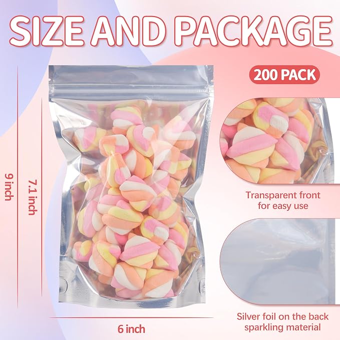 200 Pack Silver Mylar Bags, 6x9 in Stand Up Pouches | Food Storage, Resealable Closure, Small Business Packaging Supplies, Metallic Finish, Upright Base