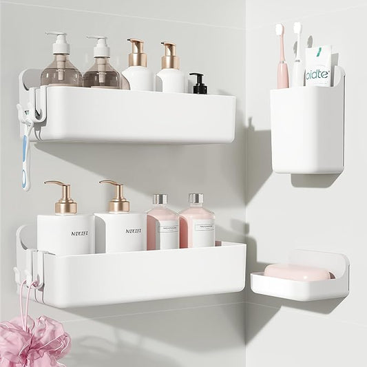 Nieifi Adhesive Shower Shelves, White, 4 Pieces | Rustproof ABS, Large Capacity, Removable Design, Easy-Clean, No Drilling Shower Organizer for Bathroom Storage & Home Decor