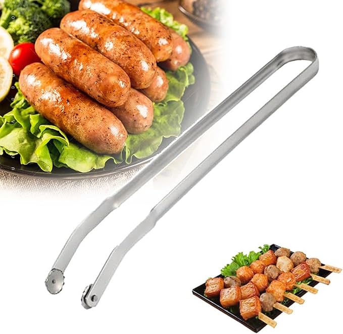 BBQ Sausage Turning Tongs, 304 Stainless Steel Long Handle Kitchen Tongs for Cooking Smooth Turning Action Sausage Grilling Tongs for Bacon Steak Meat Vegetables