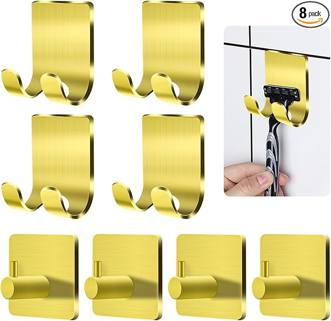 CGBE Razor Holder for Shower, 4 Packs Razor Holder and 4 Packs Shower Hooks, Self Adhesive Shaver Holder Hanger Hooks for Bathroom, Damage Free Wall Hooks for Razor Shaver Loofah Sponge - Gold