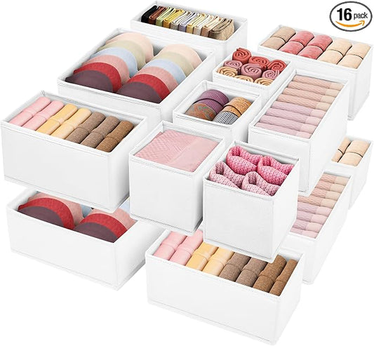 Drawer Clothing Organizer 16-Pack, White 3 Sizes Underwear Drawer Dividers, Fabric Folding Wardrobe Organizer, Can Store Baby Clothes, Bras, Underwear, Panties, Belts, Socks, Ties