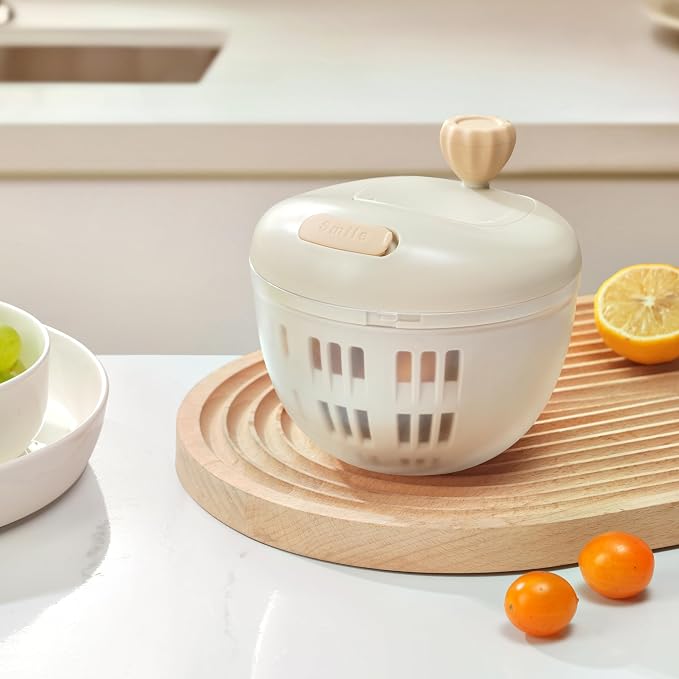 Fruit Washing Bowl with Strainer,Colander for Kitchen,Multi-Functional Vegetable and Food Drainer with Lid And Handle,Portable Fruit Containers for Fridge,BPA Free,Ivory White