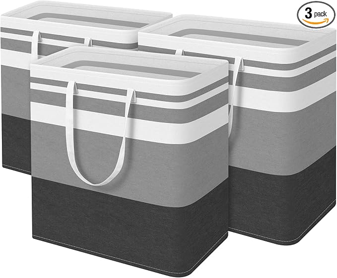 BlissTotes 3-Pack Laundry Basket, Collapsible Laundry Hamper, Grey, 100L | Laundry Clothes Hamper, Hampers for Bedroom, Freestanding Hamper with Handles, Clothes Laundry Basket
