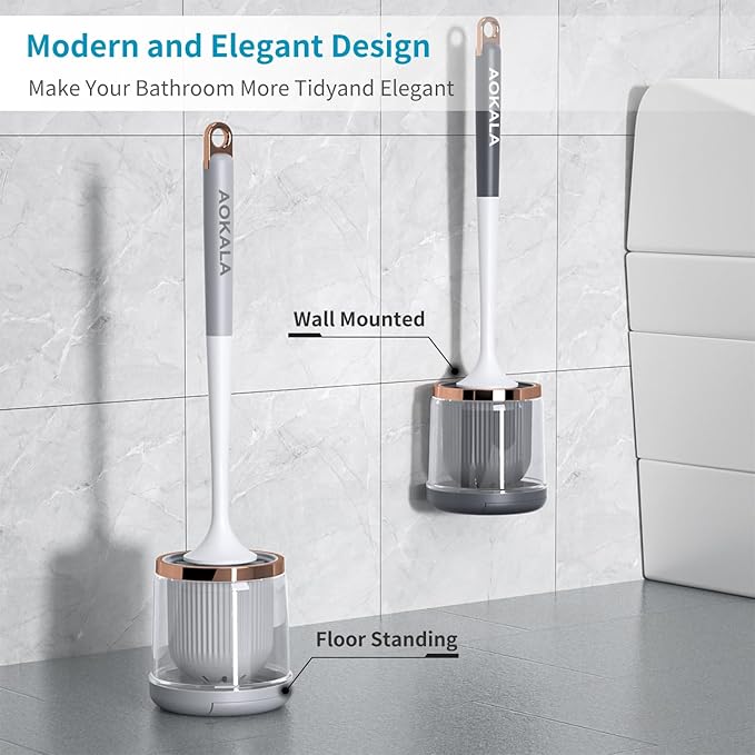 Silicone Toilet Brush and Holder Set, Toilet Bowl Brush with Tweezers Long Handle, Toilet Cleaner Brush for Bathroom Deep Cleaning, Elegant Toilet Scrubber Bathroom Accessories (Light Gray)