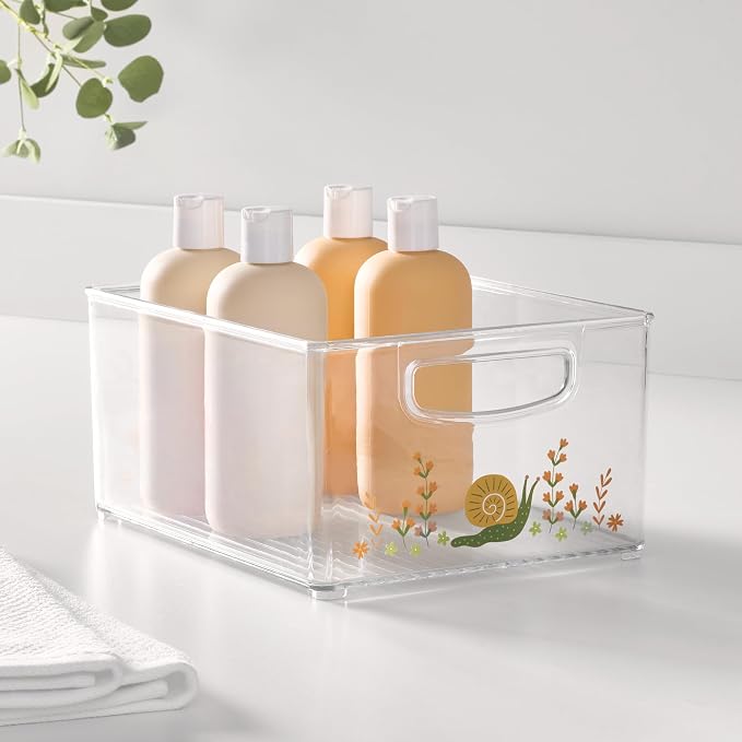 iDesign Bathroom Organizer Bin, Clear/Snail | Decorative Print, Stackable, Plastic Storage Basket, For Makeup & Vanity Organization