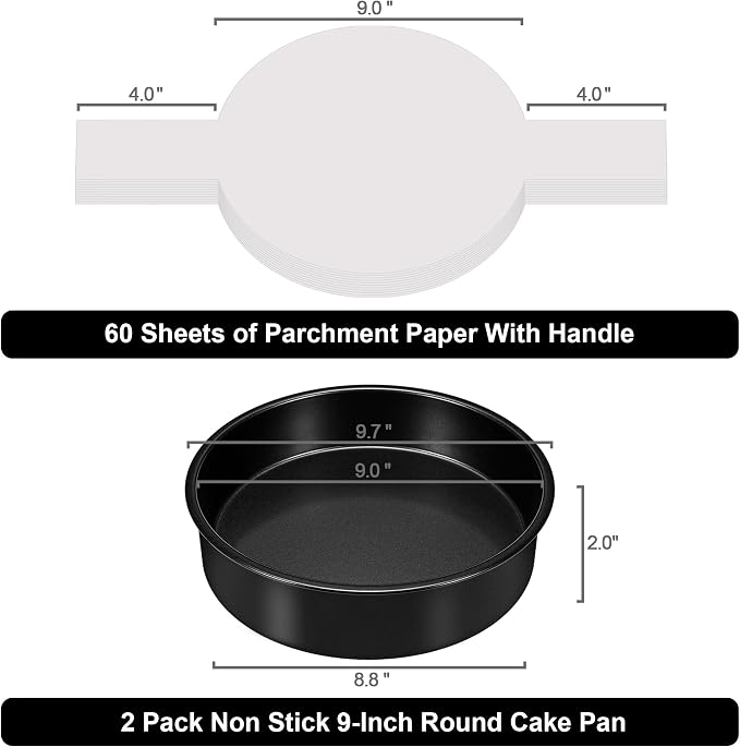 9 Inch Round Cake Pan Set of 2, Nonstick Cake Pans 9 Inch Round with 60PCS Parchment Paper for Birthday, Round Cake Pans for Baking Layered Cakes Deep-Dish Pizza Pie, Even Heating & Dishwasher Safe