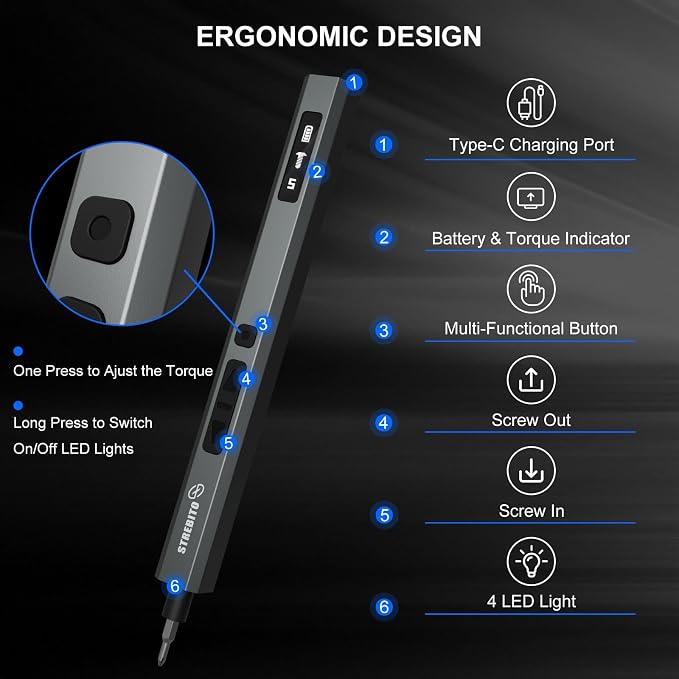 STREBITO 155 in 1 Electric Screwdriver Set, Electric Precision Screwdriver | Upgraded 5 Torque & Indicator, 140 S2 Magnetic Bits, 500mAh Battery, Electronics Tool Kit for RC, Computer, PC, Laptop, Phone