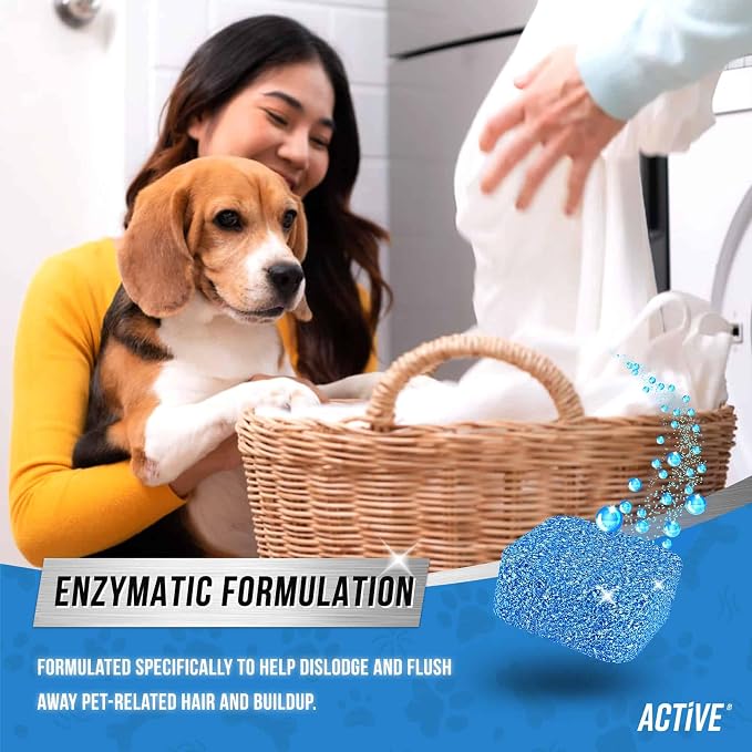 ACTIVE Washing Machine Cleaner for Pet Owners Enzymatic Deep Clean Descaler for Cat & Dog Hair, Urine, Odor, Residue, 24 Septic-Safe Tablets for Top Load, Front Loader, HE Washer Tub - 1 Year Supply