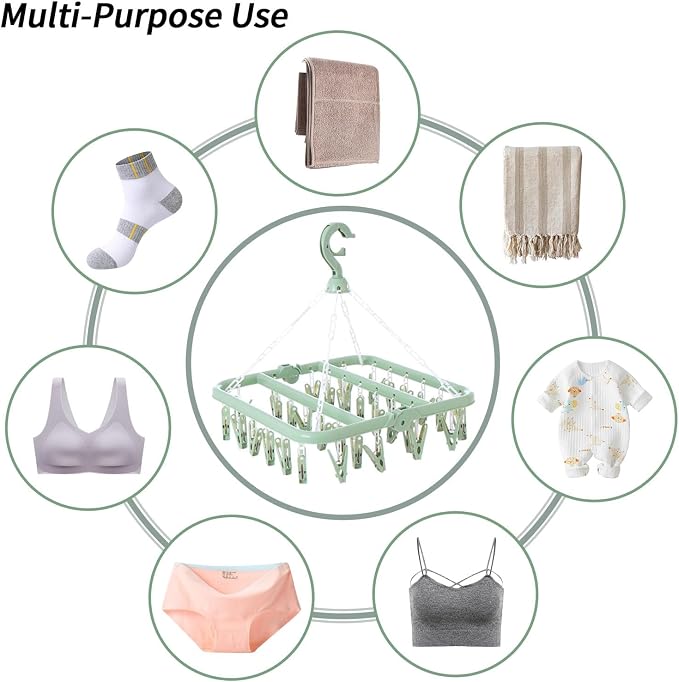 Laundry Drying Rack with 32 Clips, Foldable, Light Green