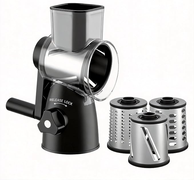 JIUMEXES Rotary Cheese Grater | Hand-Crank Design, 3 Interchangeable Blades, Suction Base, Stainless Steel