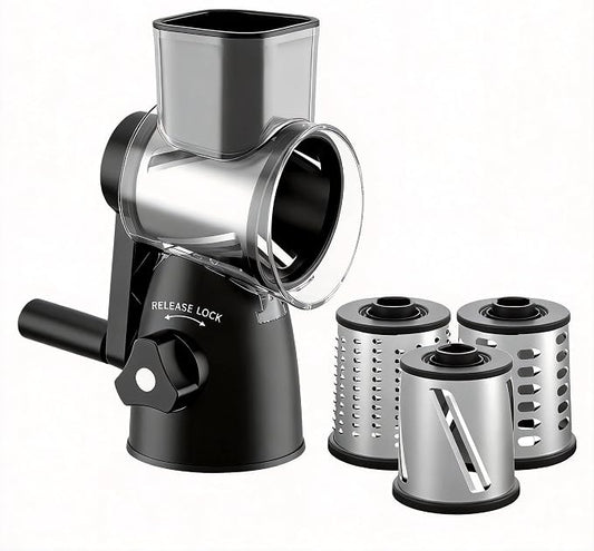 JIUMEXES Rotary Cheese Grater | Hand-Crank Design, 3 Interchangeable Blades, Suction Base, Stainless Steel