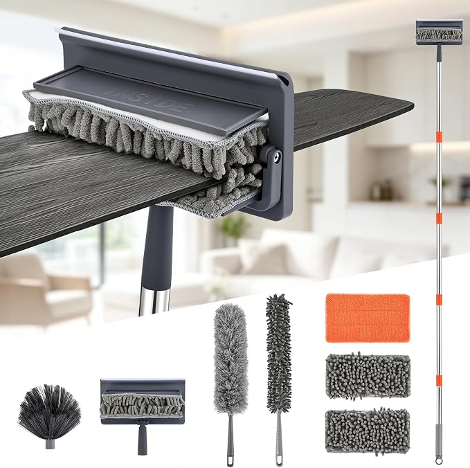 4 in 1 Fan Duster, Ceiling Fan Blade Cleaner with 76“ Long Handle | 360° Reusable Ceiling Fan Cleaners for Blades, Chenille Duster Cleaner Kit for Baseboard, Wall, Floor, Window