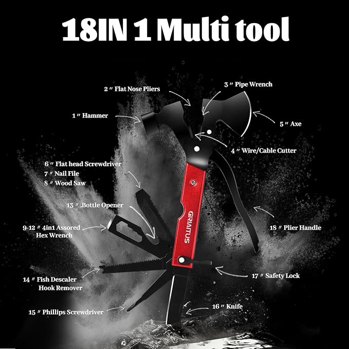 18 in 1 Multitool Camping Accessories Gifts for Men Survival Gear | Camping Multi Tool with Axe Hammer Saw Screwdrivers Pliers Bottle Opener Stocking Stuffers Gifts for Men Dad Him