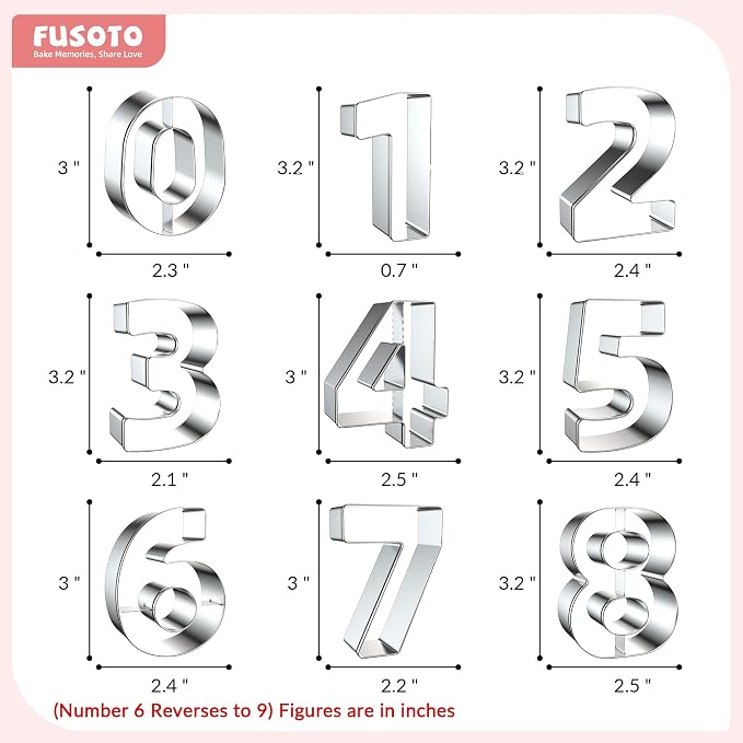 FUSOTO 9PCS Number Cookie Cutters Set, Birthday Numbers 0-8(6 Reverses to 9), Stainless Steel Cookie Cutters for Baking, Number Shaped Baking Tool for Homemaking Biscuits, Cookie, Dough