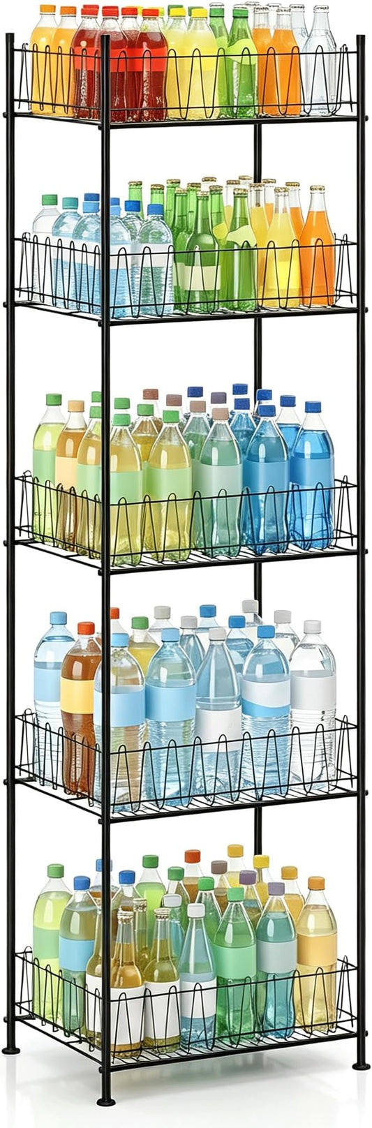 Water Bottle Storage Rack 5 Tier Drink Organizer for Pantry Metal Bottled Water Holder Stand for Floor, Beverage Soda Can Drink Storage Holder for Kitchen, Living Room