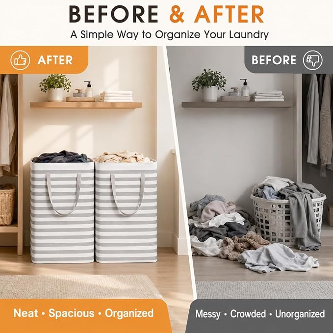 BOOMIBOO 2-Pack Large Laundry Basket,Waterproof Freestanding Laundry Hamper,Collapsible Clothes Basket with Easy Carry Handles in Laundry Room Bathroom Bedroom Dorm,Grey,100L