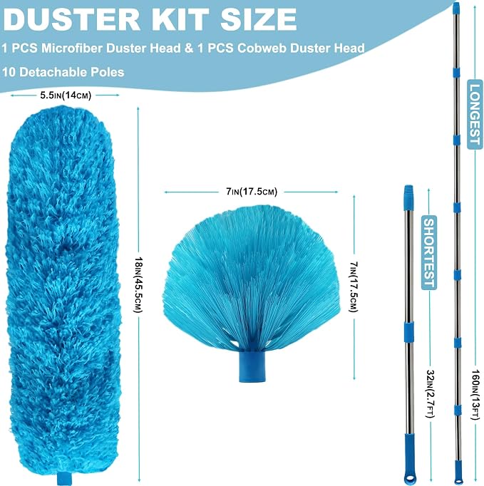 20+ Ft High Reach Ceiling Fan Duster & Cobweb & Corner Brush Duster with 3-13 ft Extension Pole, Microfiber Feather Duster with Washable Head for Ceiling Fan, Furniture, Home Cleaning
