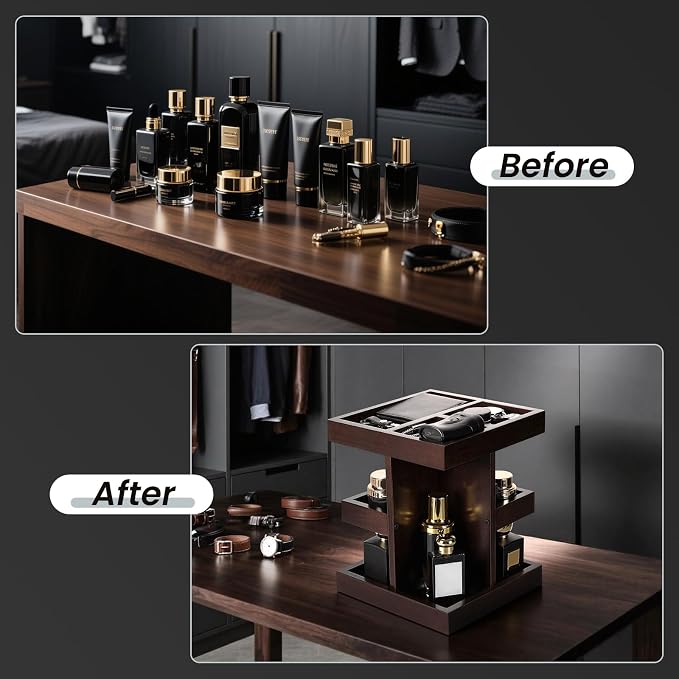 EXIN DECHEN Cologne Organizer for Men,Birthday Gifts for Men,Walnut Color | Easy Installation,360° Rotating,Boyfriend Husband Dad Gift Ideas,Mens Accessories for Desk,Bathroom Countertop,Vanity,Dresser