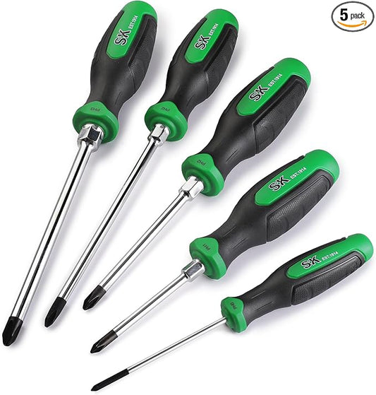 SK 5-Piece Phillips Screwdriver Set, Magnetic Screwdriver Set, S2 Steel | Heat-Treated Chrome Plating Shaft, Black Oxide Tip, SureGrip Handle