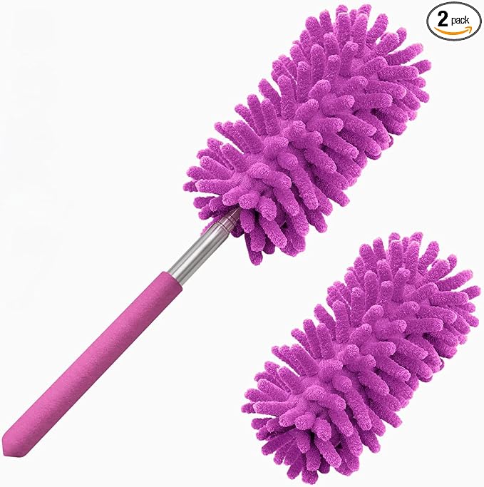 Duster for Cleaning, 10-29" Extension Pole, 2 Washable Heads, Purple | Microfiber Heads, Wet Or Dry, Detachable, Hand Washable, Easy Storage, For Cars, Offices, Windows, Furniture And Ceiling Fans
