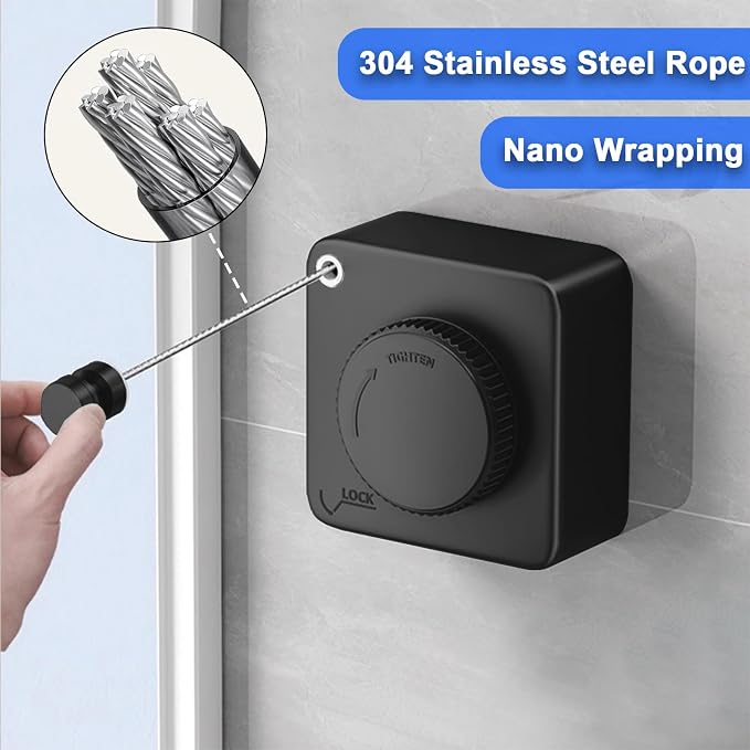 Retractable Clothesline Indoor Outdoor 16.2Ft Non-Sag(1, Black) | Stainless Steel Heavy Duty Design Laundry Wash Line with Wall Mounted, Space-Saving Drying Rack for Bathroom, Balcony