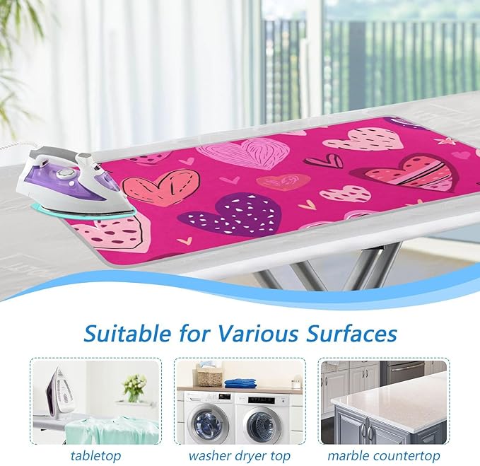 Hot Pink Doodle Hearts Stars Valentine Ironing Mat Portable Ironing Pad Blanket with Silicone Iron Rest for Table Top Travel Heat Resistant Double-Side Using Large 47x28 Inch Foldable