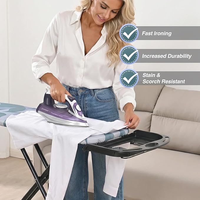 KINGBOARD Foldable Ironing Board Full Size, Iron and Ironing Board Set Large Size, Iron Boards with Ironrest & Adjustable Height,Heavy Duty Iron Table Stand with Metal Legs &Thick Cover,14×54 Blue