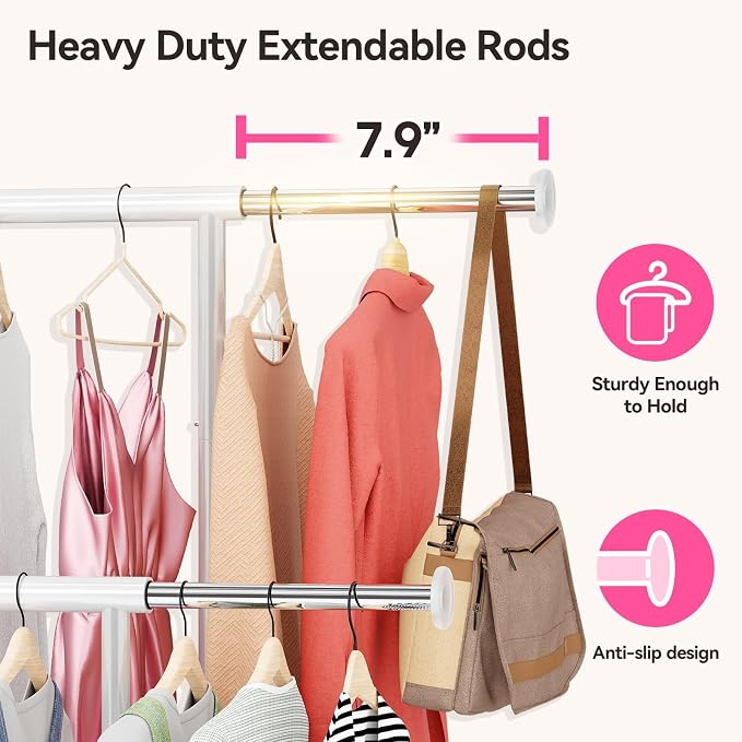 SUFAUY Commercial 80" H Clothes Rack for Hanging Dresses, Extend 50“L Double Rolling Garment Rack on Lockable wheels with Adjustable Rod and Storage Shelves, Load 350 LBS, White