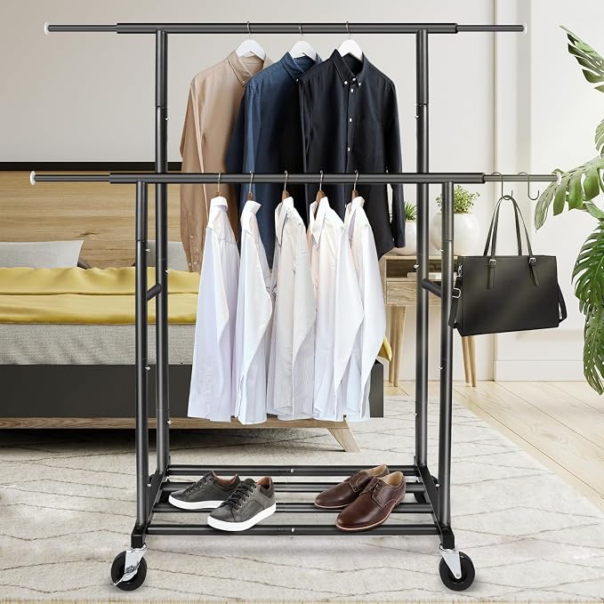 Fishat 48"W x 15"D x 67"H Portable Black Double Rods Garment Clothes Rack | Metal Freestanding Hanging Organizer, Mobile Lockable Wheels, Portable Freestanding, for Storage, Drying, Bedroom
