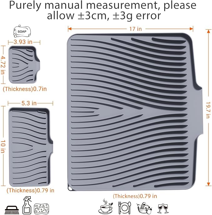 Silicone Dish Drying Mat for Kitchen counter, 19.7"x17" Extra Large Non-Slip Drain Pad with Built-in Drainage, Heat Resistant Dishwasher Safe, Grey
