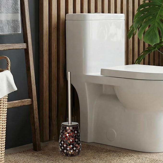Handmade Mosaic Toilet Brush and Holder Set, Decorative Brown Glass Toilet Bowl Brush with Stainless Steel Handle, Luxury Bathroom Accessories Set, Mosaic Bathroom Decor, Weighted Base