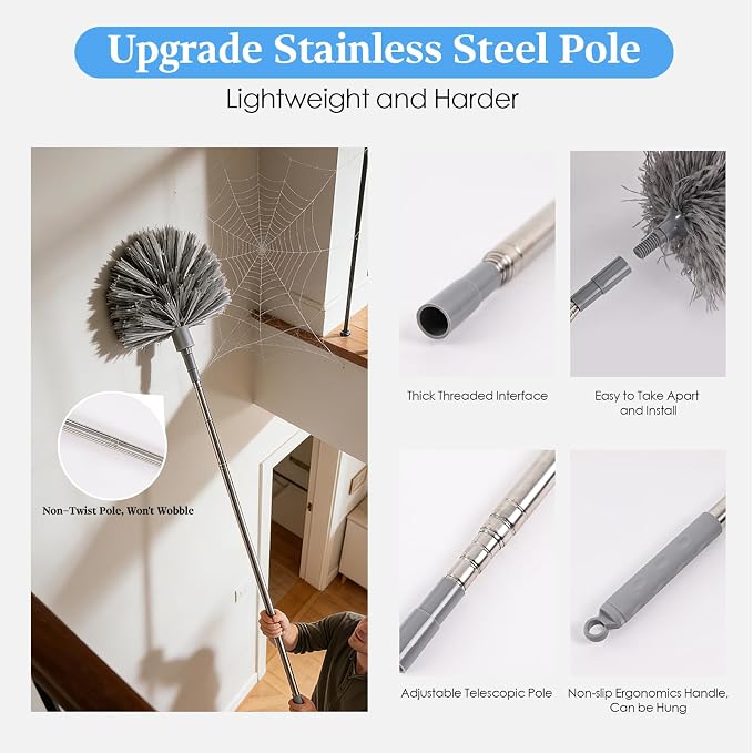 Microfiber Feather Duster 5-in-1 Kit with Extension Pole, Washable Cleaning Duster Set with 3 Duster Heads, Cobweb Duster, Corner Brush, 100'' Extendable Long Duster for High Ceilings, Fans, Furniture