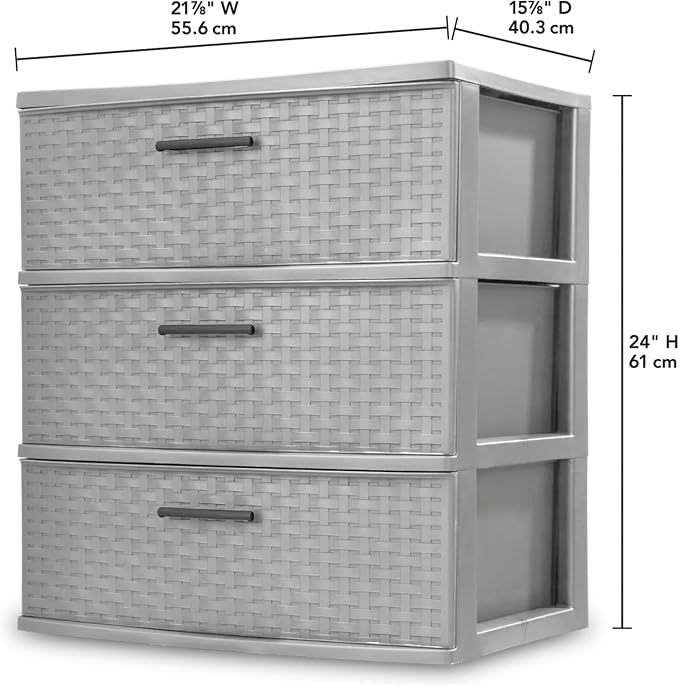Sterilite 2 Pack 3 Drawer Wide Storage Tower, Weave Organizer, Cement | Lightweight Opaque Home Organization Container for Bedrooms, Closets, or Bathrooms